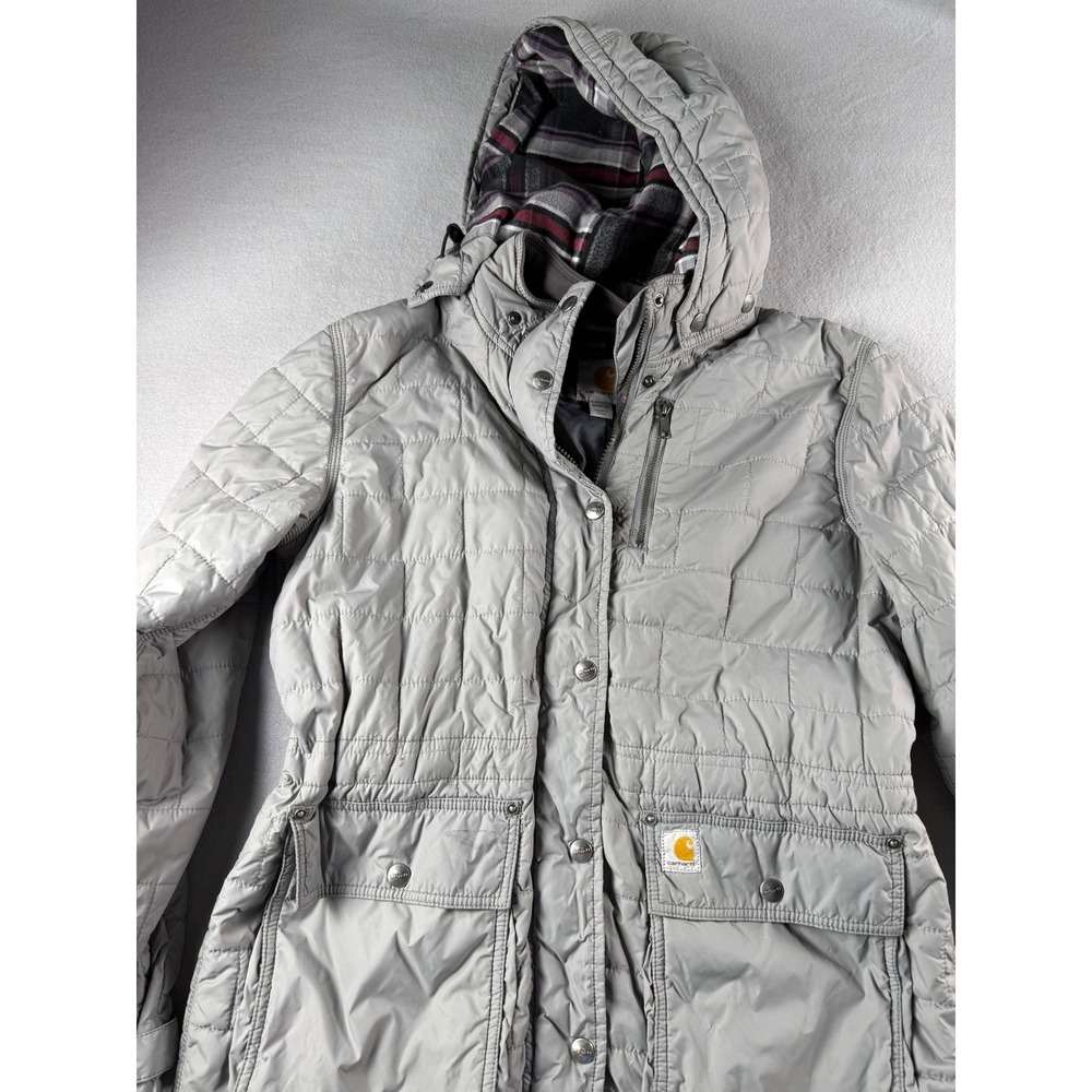 Carhartt Womens Amoret Quilted Hooded Jacket Gray Plaid Lined Parka Coat Medium